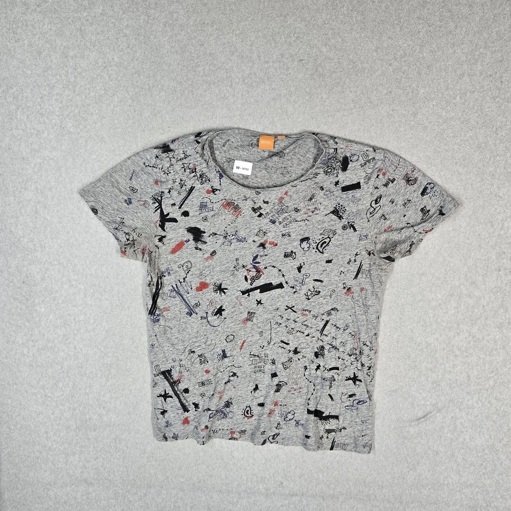 Hugo Boss Men Shirt L Gray Graphic Abstract Doodles Logo Short Sleeve READ
